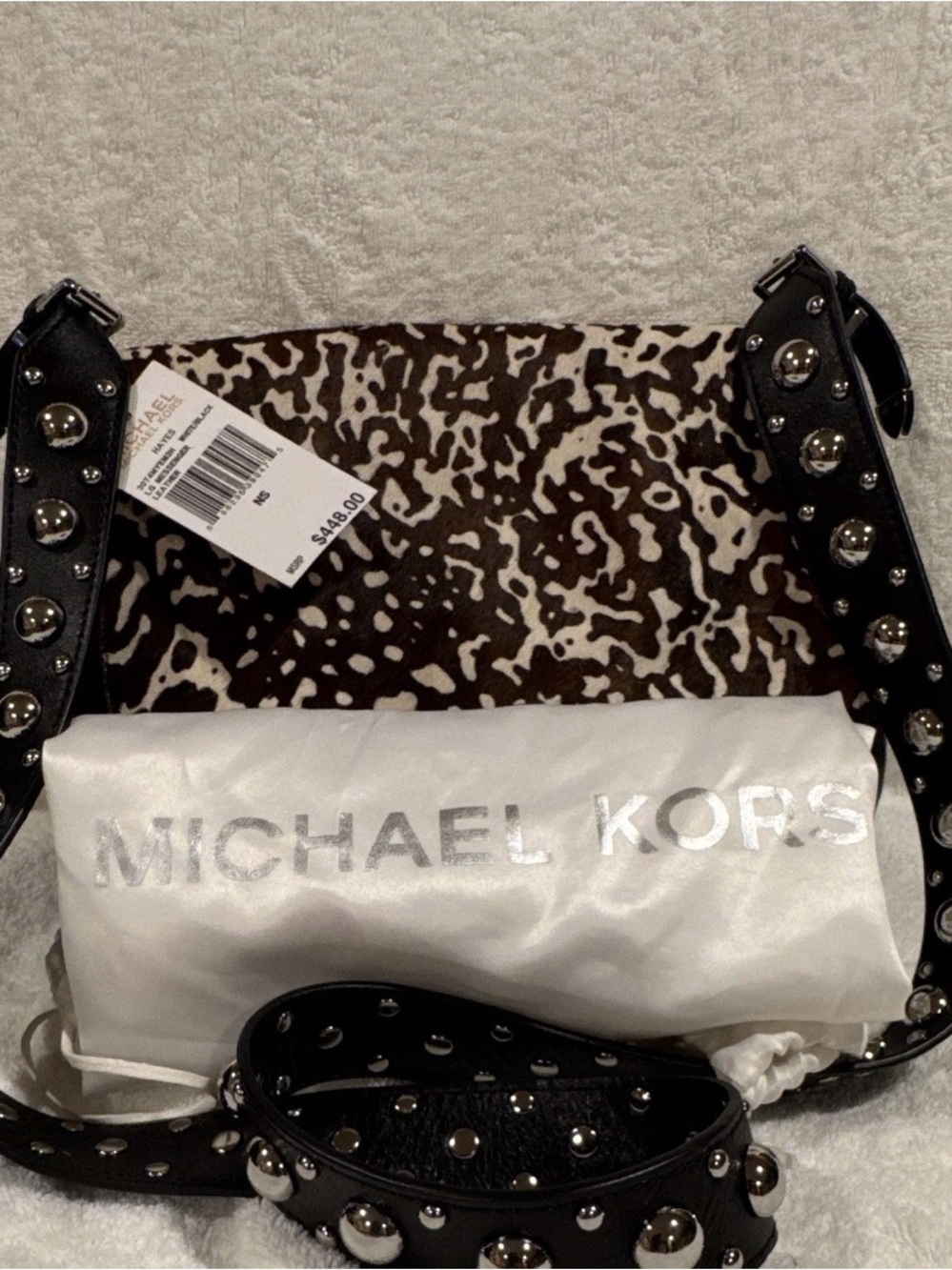 Michael Kors Black Studded Shoulder Bag with Animal-Print Accent